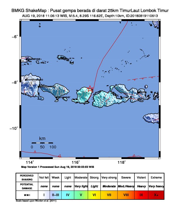#Gempa Mag:5.4, 19-Agu-18 11:06:13 WIB, Lok:8.29 LS, 116.62 BT (Pusat gempa berada di darat 25km TimurLaut Lombok Timur), Kedlmn:10 Km Dirasakan (MMI) IV Lombok Utara, III Mataram, III Lombok Barat, III Sumbawa Besar, II Praya, II Denpasar, II Tabanan #BMKG