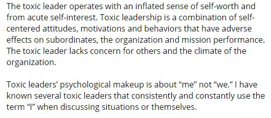 STATter911's tweet photo. Superb article by my friend Chief John Buckman on toxic leaders. Whatever your career, you've likely experienced this. If you haven't, consider yourself lucky and keep this as a reminder to do your best to run the other way if these symptoms appear.
https://t.co/lBUo1bUULi https://t.co/JO9CFIKIBw
