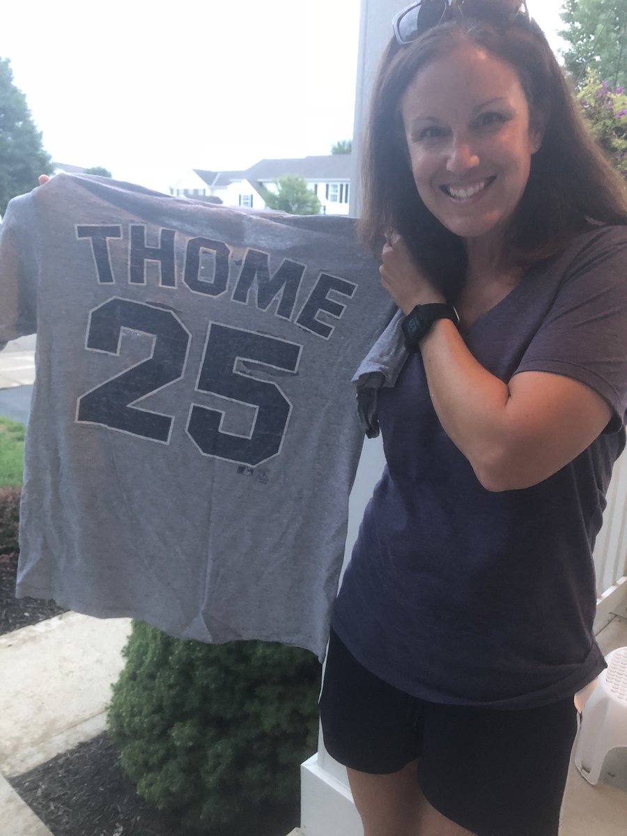 leftymalone's tweet photo. In honor of @Indians retiring Hall of Famer Jim Thome’s # 25 today, @PTMalone dug out her old shirtsy. Well worn, well loved. Congrats Jimmy!
#ThomeHOF | #RallyTogether https://t.co/JFcrDUAAif