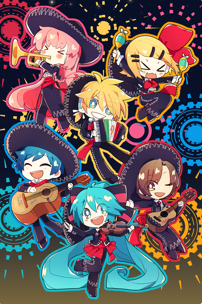 hatsune miku ,kagamine len ,kagamine rin ,kaito (vocaloid) ,megurine luka ,meiko (vocaloid) instrument multiple boys multiple girls hat blonde hair 4girls brown hair  illustration images