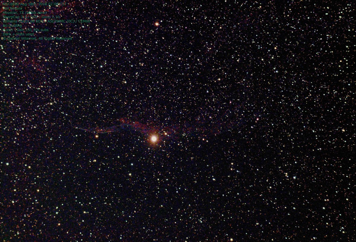 #Astrophotography   #VeilNebula (#NGC6992 & #NGC6920) taken from #Houston white zone (~1960+290). #WilliamsOptics 80EDII, @IOptron #CEM60, #ZWO #ASI290MCP (0C).