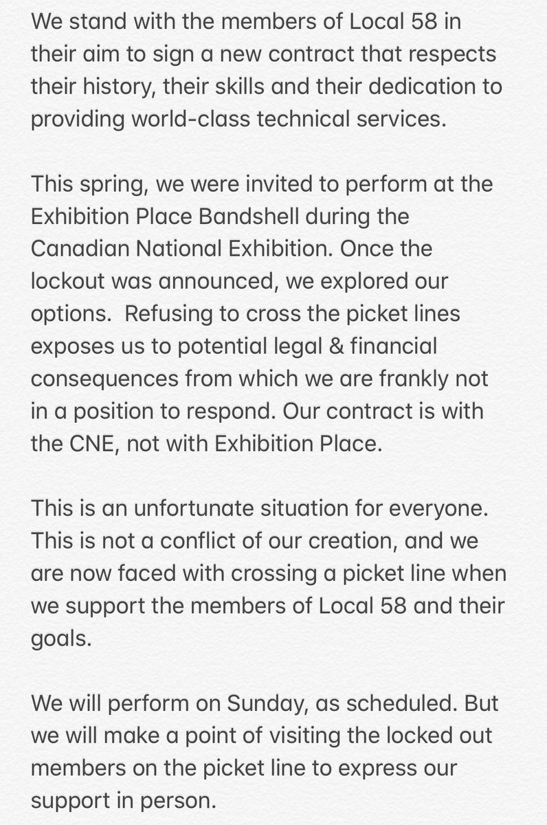Julian Taylor (@jtaylorband) on Twitter photo Regarding the lockout of <a href="/iatse58/">IATSE Local 58</a> by the board of Exhibition Place and our show on August 19. This is an important issue, and we support the men and women of Local 58. Regarding the lockout of <a href="/iatse58/">IATSE Local 58</a> by the board of Exhibition Place and our show on August 19. This is an important issue, and we support the men and women of Local 58.