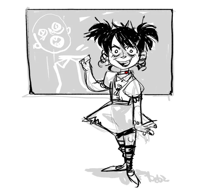 We did some character exploration in improv today and fell in love with this one of a demented little girl in detention character I did, I just HAD to draw her! 