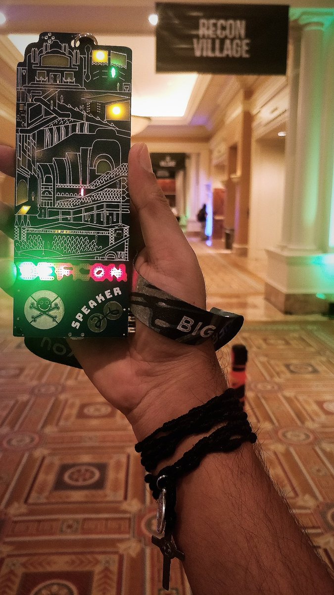 s4n7h0's tweet image. Privileged to get my first @defcon speaker badge. #defcon26