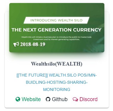 mncn_online's tweet photo. We mention ๐Wealthsilo(WEALTH)๐ on our Recent News area! Let us know if you want to get listed on https://t.co/sBvQ80n2hX for a more accurate ROI masternode stats info display and investors can use our monitoring system to view MN anytime, anywhere!
@wealthsilocoin https://t.co/PYHh5MlMp9