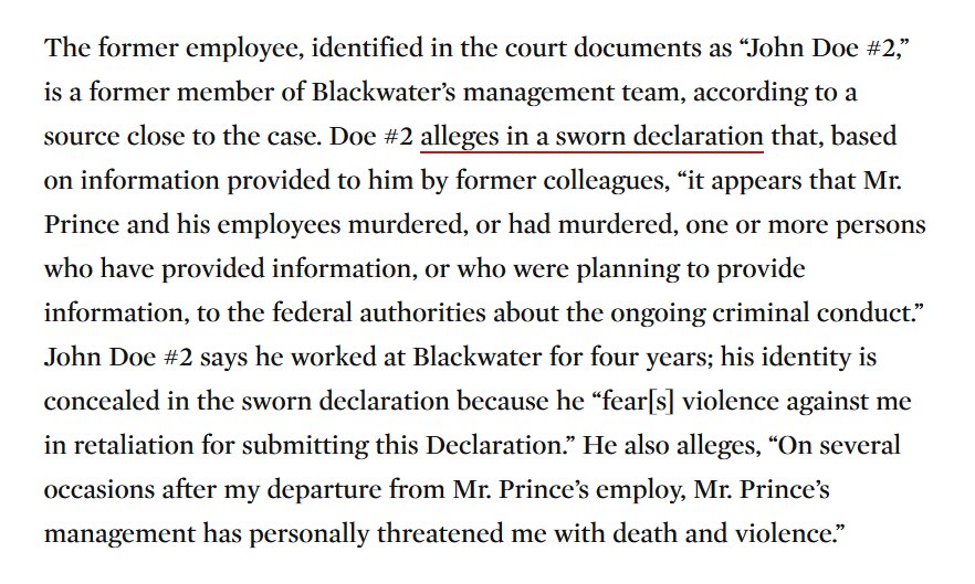 Court: "Erik Prince and his employees murdered, or had murdered, one or more persons who have provided information, or who were planning to provide information, to the federal authorities about the ongoing criminal conduct.”  #OpDeathEaters  #Dyncorp  #Blackwater  #XE  #Cerberus