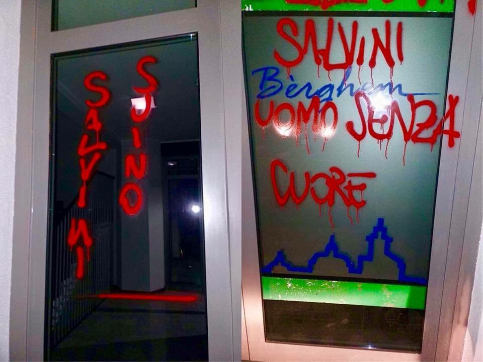 Prima le bombe nella sede di Treviso, ora queste scritte vigliacche sulla sede della Lega di Bergamo.
Provano ad intimidirci ma non ci riusciranno. 
Noi andiamo avanti, più forti che mai.