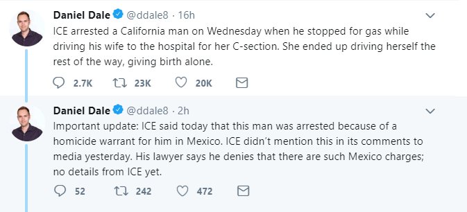 ddale8 tweet reading, "Important update: ICE said today that this man was arrested because of a homicide warrant for him in Mexico. ICE didn’t mention this in its comments to media yesterday. His lawyer says he denies that there are such Mexico charges; no details from ICE yet."