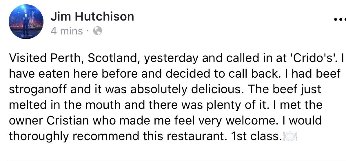 crido_s's tweet photo. Thank you Jim for this lovely review of Crido’s ☺️ We always appreciate when customers take the time to review &amp; enjoy their visit 👌🏽💯 https://t.co/Am4pZrQqLh
