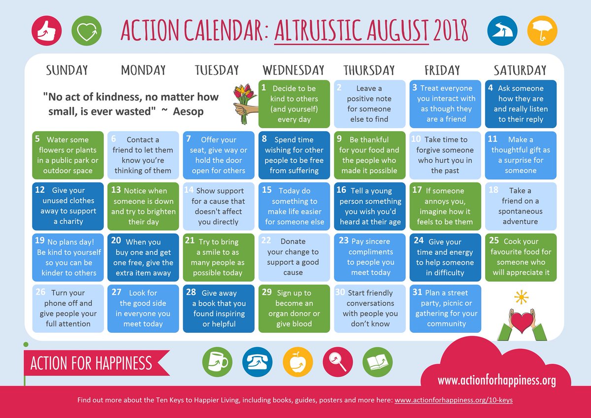 actionhappiness's tweet photo. Altruistic August - Day 19: No plans day! Be kind to yourself so you can be kinder to others https://t.co/qq0sCaQdtS https://t.co/tybJ5kGxwX