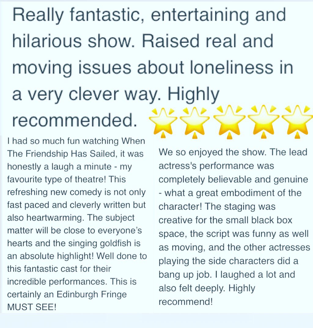 weirdtheatreco's tweet photo. Audience reviews are the best! It’s incredibly generous of you to take the time to leave us reviews 😍 Thank you!
#edfringe #edinburgh #edfringe18 #audience #reviews #whenthefriendshiphassailed #recommended #reviews #mustsee #fivestar #theatre #comedy #cvenues @c_venues @edfringe https://t.co/xFVcbTfx01