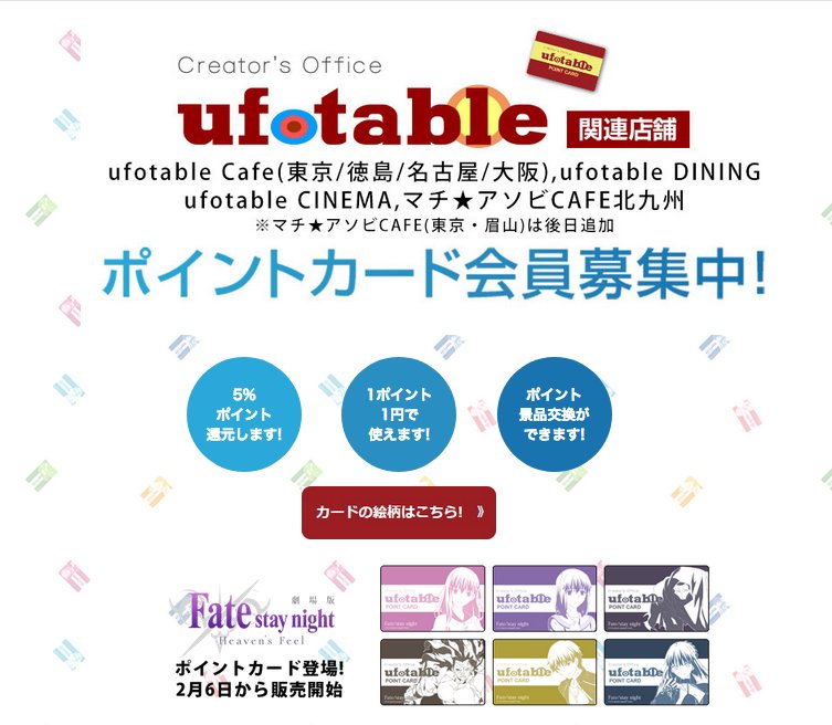 Ufotable Ufotableポイントカードのご案内です オリジナルプロダクト達への交換 や そのままでも弊社関連店舗にて5 分のポイントバックにお使いいただける便利なカードです お名前への紐付にて 複数枚をワンアカウントとしてお使い頂くことも出来ますよ Ufotable Ufotableポイントカードのご案内です オリジナルプロダクト達への交換 や そのままでも弊社関連店舗にて5 分のポイントバックにお使いいただける便利なカードです お名前への紐付にて 複数枚をワンアカウントとしてお使い頂くことも出来ますよ