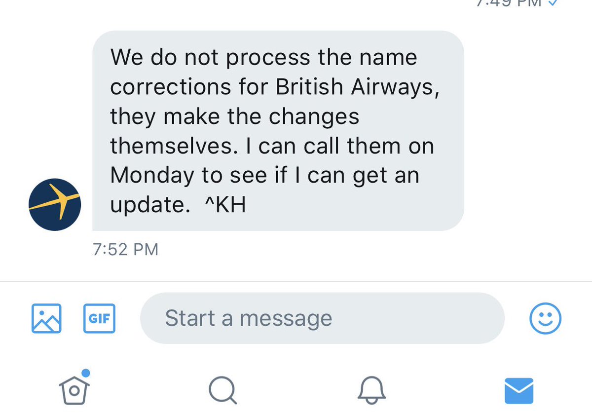 CrisC_CPSFACE's tweet photo. @British_Airways @Expedia Spelling on a first name. A one letter change. Expedia (I guess my travel agent.)  says you process the change and they have been in contact with you to do it.  🤔 I hope you’re able to assist. https://t.co/dc04dxA9Xo