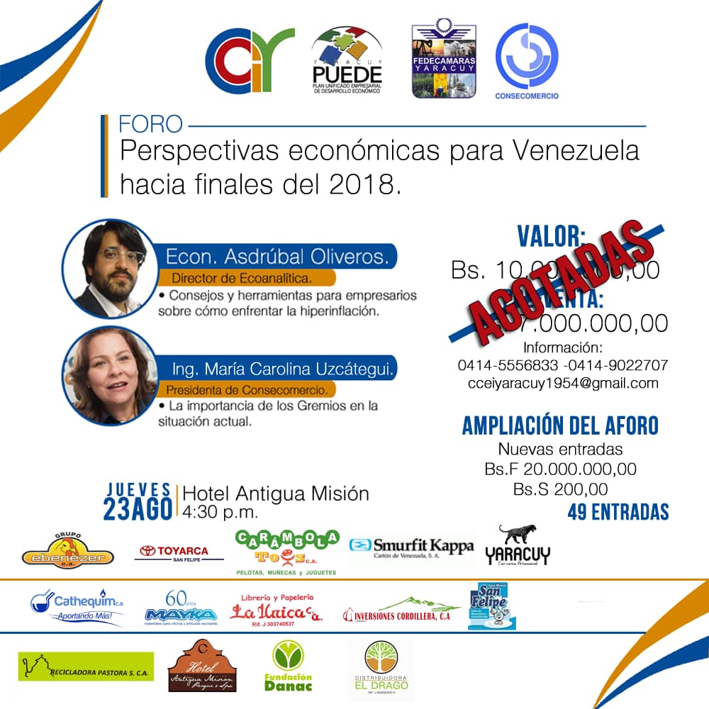A petición del público se logró aumentar el aforo previsto inicialmente. Logística y confort garantizado para todos los asistentes. 

49 nuevas entradas,  ver detalles en la imagen.

<a href="/consecomercio/">Consecomercio</a> <a href="/muzcategui/">Marian Uzcategui</a>  <a href="/aroliveros/">Asdrúbal R. Oliveros</a> <a href="/NoticiasYaracuy/">Noticias Yaracuy</a> <a href="/hectorbastida/">Héctor Bastida</a> <a href="/AntiguaMision/">Hotel Antigua Misión</a>