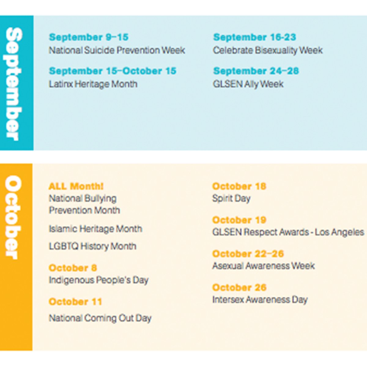 GLSEN's tweet photo. Head #BackToSchool with the GLSEN calendar to help you plan out an inclusive and affirming year! 🌈🎒✏️ https://t.co/SZ3llRmPTP https://t.co/bHmuuuEPAm