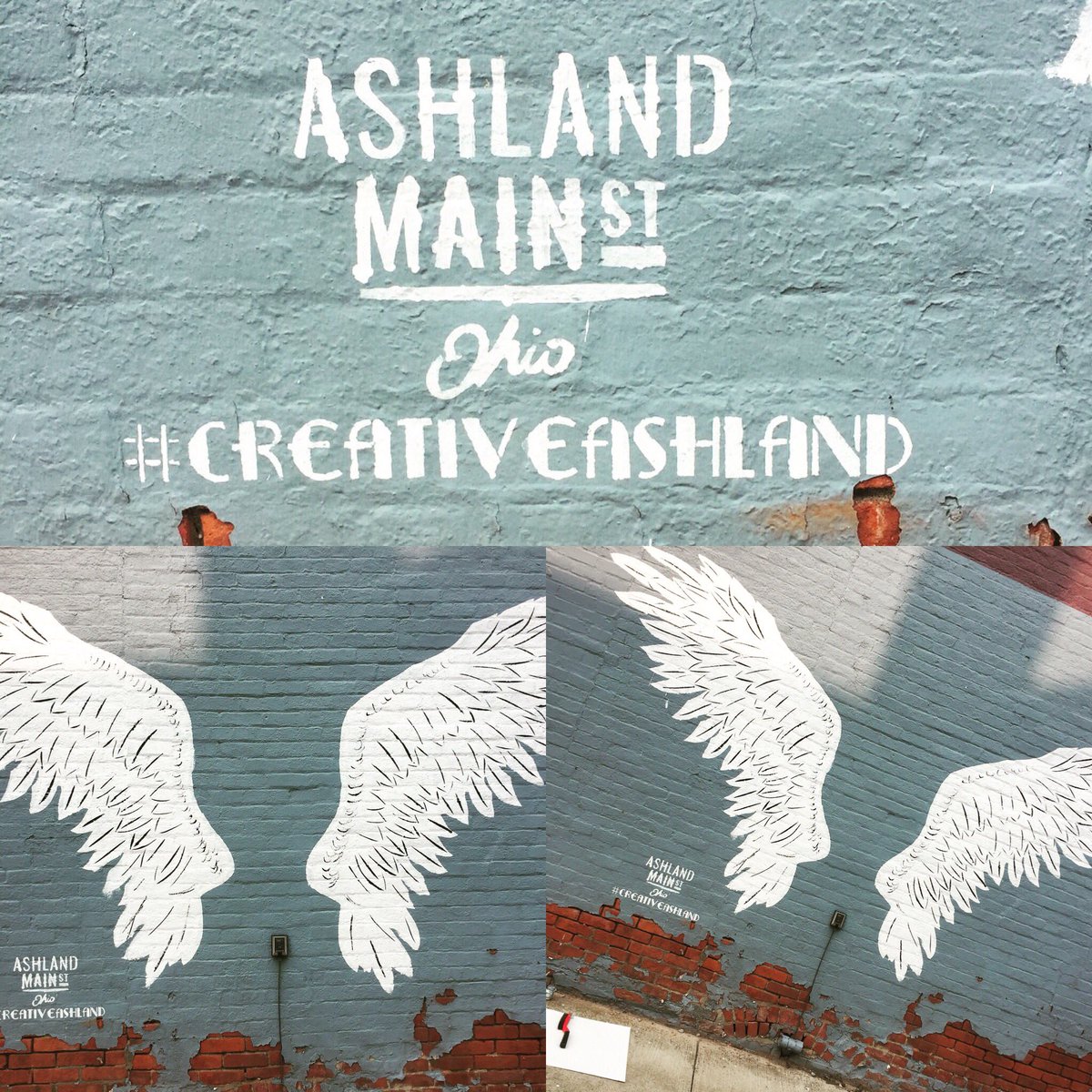 tphoneman99's tweet photo. Alrighty! I had to just go out there and add a hashtag so it would be cohesive and easier to find the posts lol #creativeashland #ashlandwings #ashlandohio #ohio #ashlandmainstreet #streetart #wallart #vandalism #positivevandalism #angelwings #wings #paintedbrick #mural https://t.co/Q2ZlFG3S3q