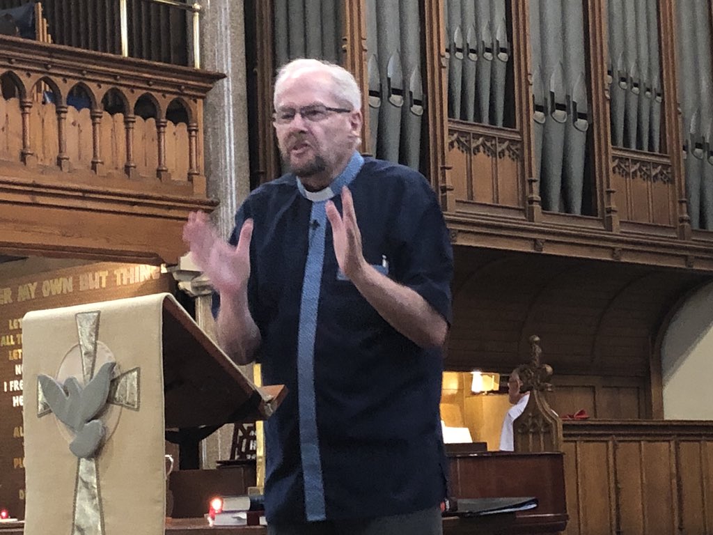 glenobrien's tweet photo. The Rev Prof Peter Storey formerly Presiding Bishop of the Methodist Church of Southern Africa and faithful opponent of the apartheid regime is preaching at Wesley Memorial Church. ‘Having our backs turned to the world may be the church’s favourite posture.’  @OIMTS #OIMTS2018 https://t.co/2nxgFjyUmu