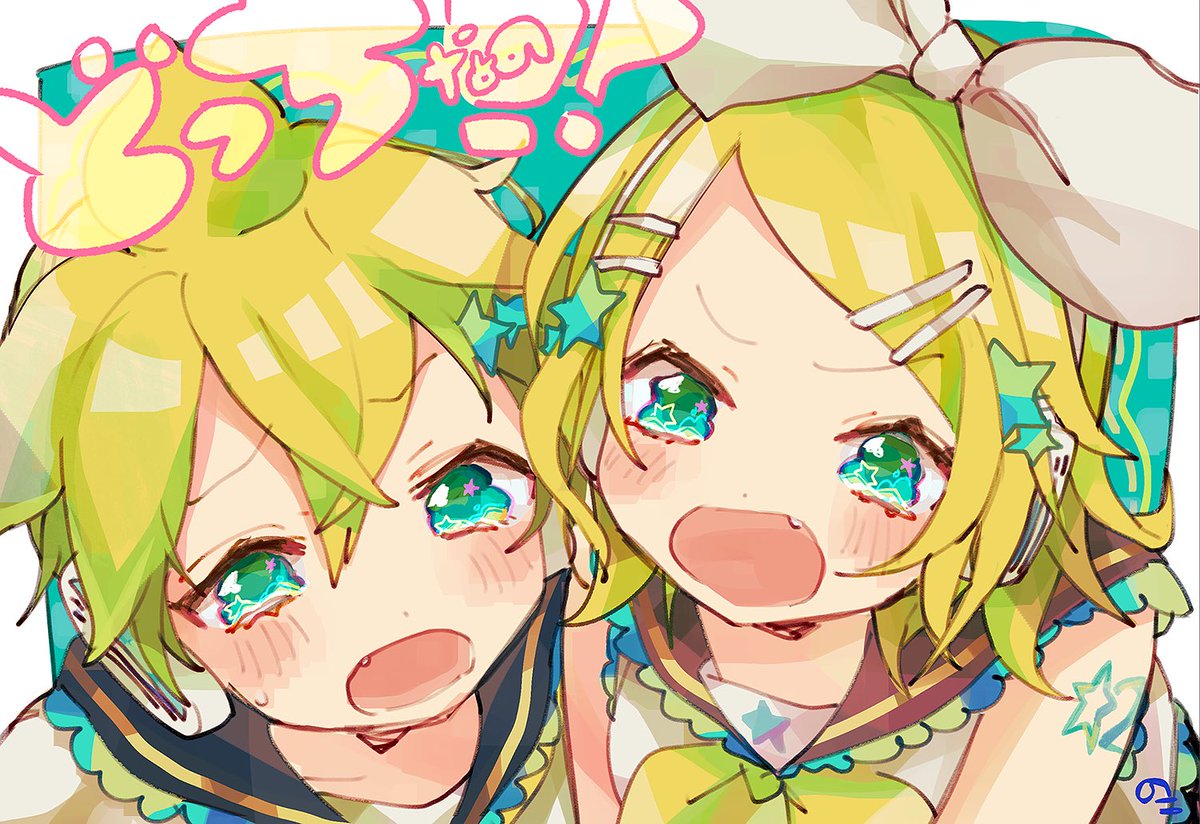 kagamine len ,kagamine rin 1girl hair ornament blonde hair hairclip 1boy hair bow bow  illustration images