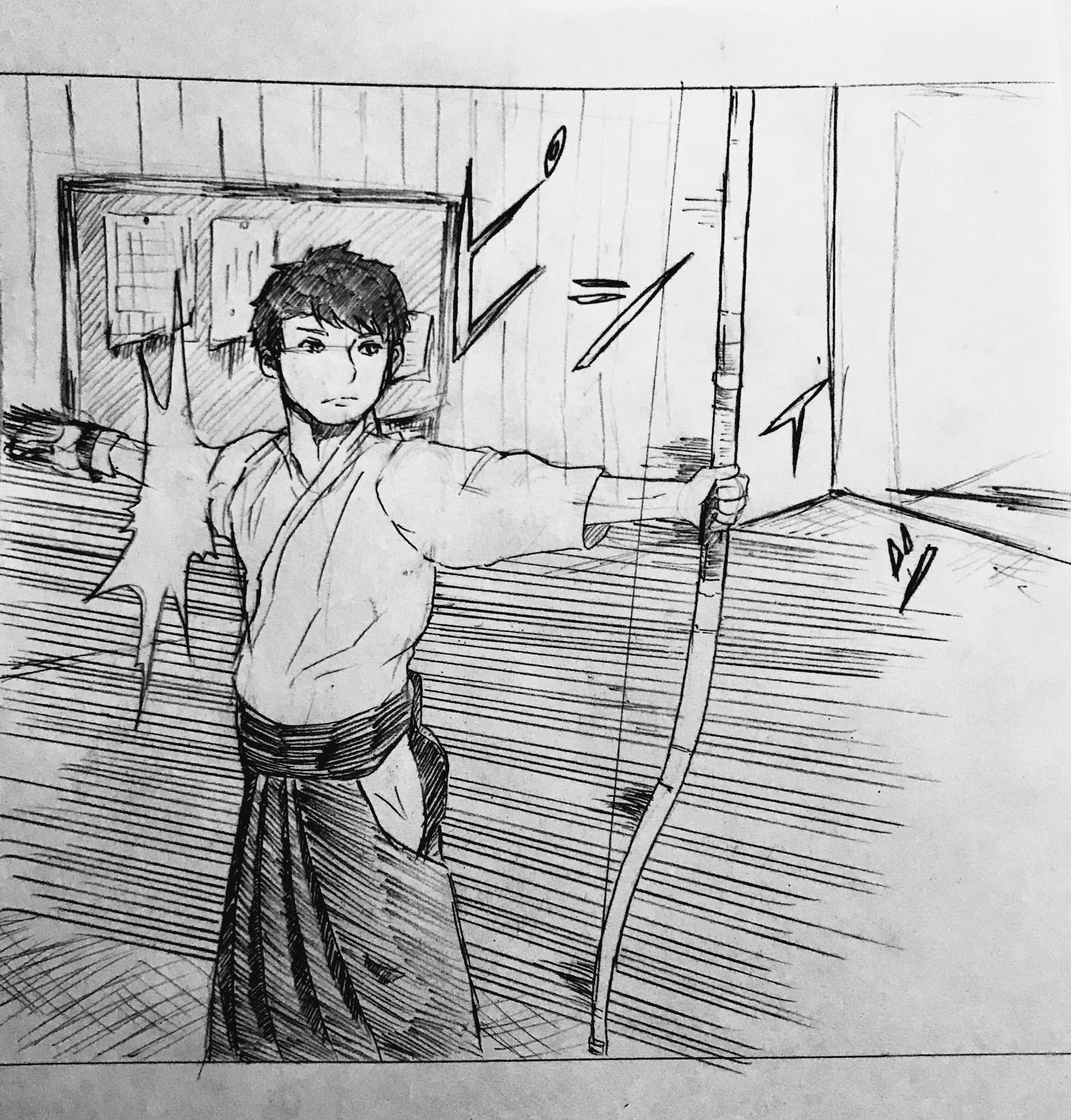 ちゃ 漫画っぽく離れのシーンを描きたいなと思ってはみたものの 放つ時の音がどんな音だったか忘れ 効果線も練習してないからよくわからず まだまだ覚えることは沢山ありそう 弓道 イラスト