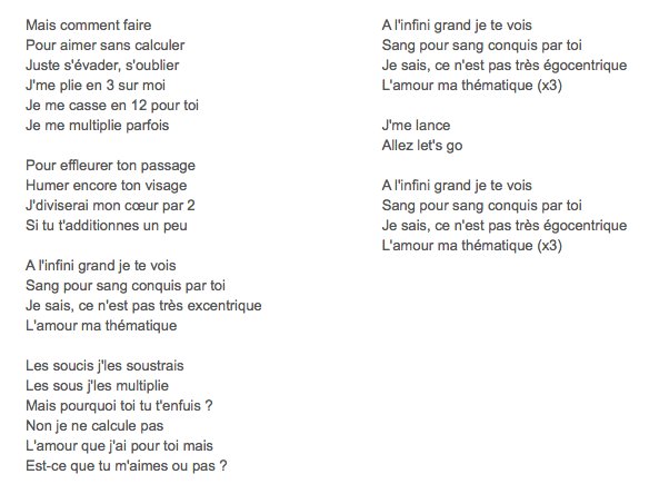 mtiques's tweet photo. L'amour et les mathématiques font bon ménage selon Mathieu Chedid. #MathsEnChanson
Ecouter : https://t.co/RQoxWkD6uT https://t.co/jB1TLS3F6r