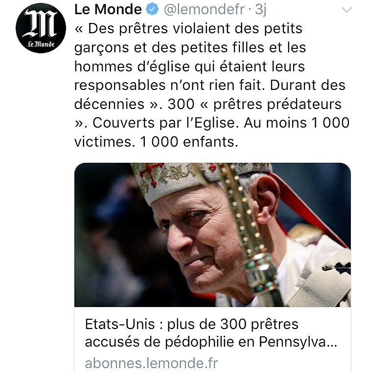 NasNacera's tweet photo. Plus de 1000 enfants violés par 300 prêtres avec la protection de l’église. Des prêtres ont violé des fillettes qu’ils ont fait avortées.
Bizarrement
-Ça ne fait pas la Une pendant 1 semaine comme Cologne
-Personne n’a accusé la culture chrétienne
-Silence de MLP et fachosphere https://t.co/JdujnoQHNI