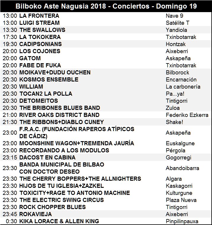 Conciertos para hoy -domingo 19- en Bilboko Aste Nagusia 2018:
____________________________
Agenda:
denaflows.com/agenda-concier…
 
Clashfinder:
clashfinder.com/s/bilbokoasten…
 ____________________________
 #AsteNagusia #AsteNagusia2018 #BilbokoAsteNagusia #SemanaGrande #Agenda #Conciertos