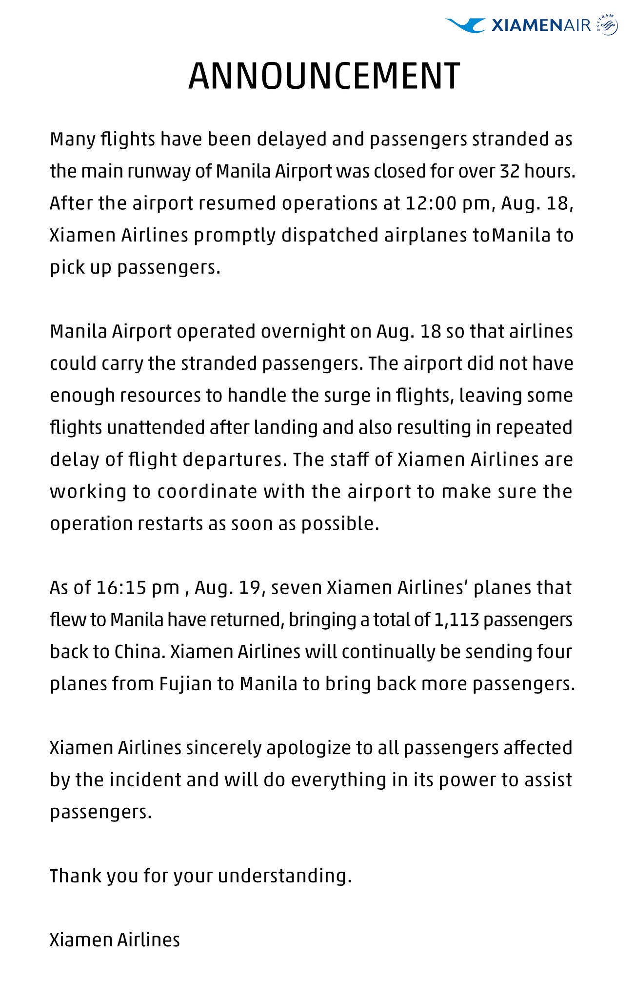 Xiamen Airlines Sur Twitter Official Announcement Xiamen Airlines Sur Twitter Official Announcement