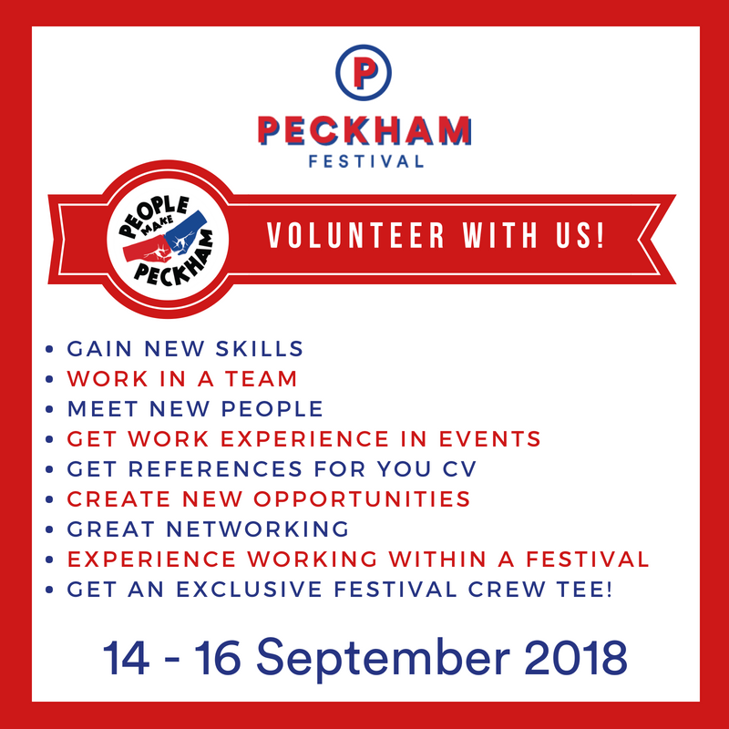 If you would like to meet new people, share skills, gain skills and be part of something special, join us as a volunteer at Peckham Festival 14-16 Sep. There are roles to suit everyone! Apply here bit.ly/PF18VolApp  or email volunteering@peckhamfestival.org