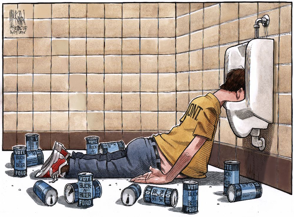 MeanwhileinCana's tweet photo. If you're drunk, you won't even notice the cuts to health care, schools and infrastructure.  
#BuckABeer 
Perfect image from @CH_Cartoon https://t.co/ZplSWTwvY2