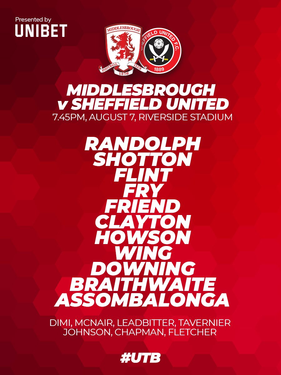 Boro's tweet image. Here's the #Boro team to play @SUFC_tweets, presented by @unibet 🔴⚪️ #UTB