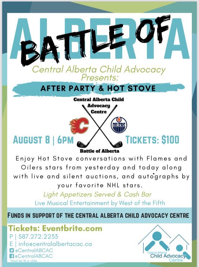 This is a must for any @NHLFlames or @EdmontonOilers fan! Tomorrow night @SheratonRedDeer #BattleOfAlberta #HotStoveLounge #AfterParty all in support of @CentralABCAC  some of your favorite players plus exciting live and silent auctions,autographs and more!