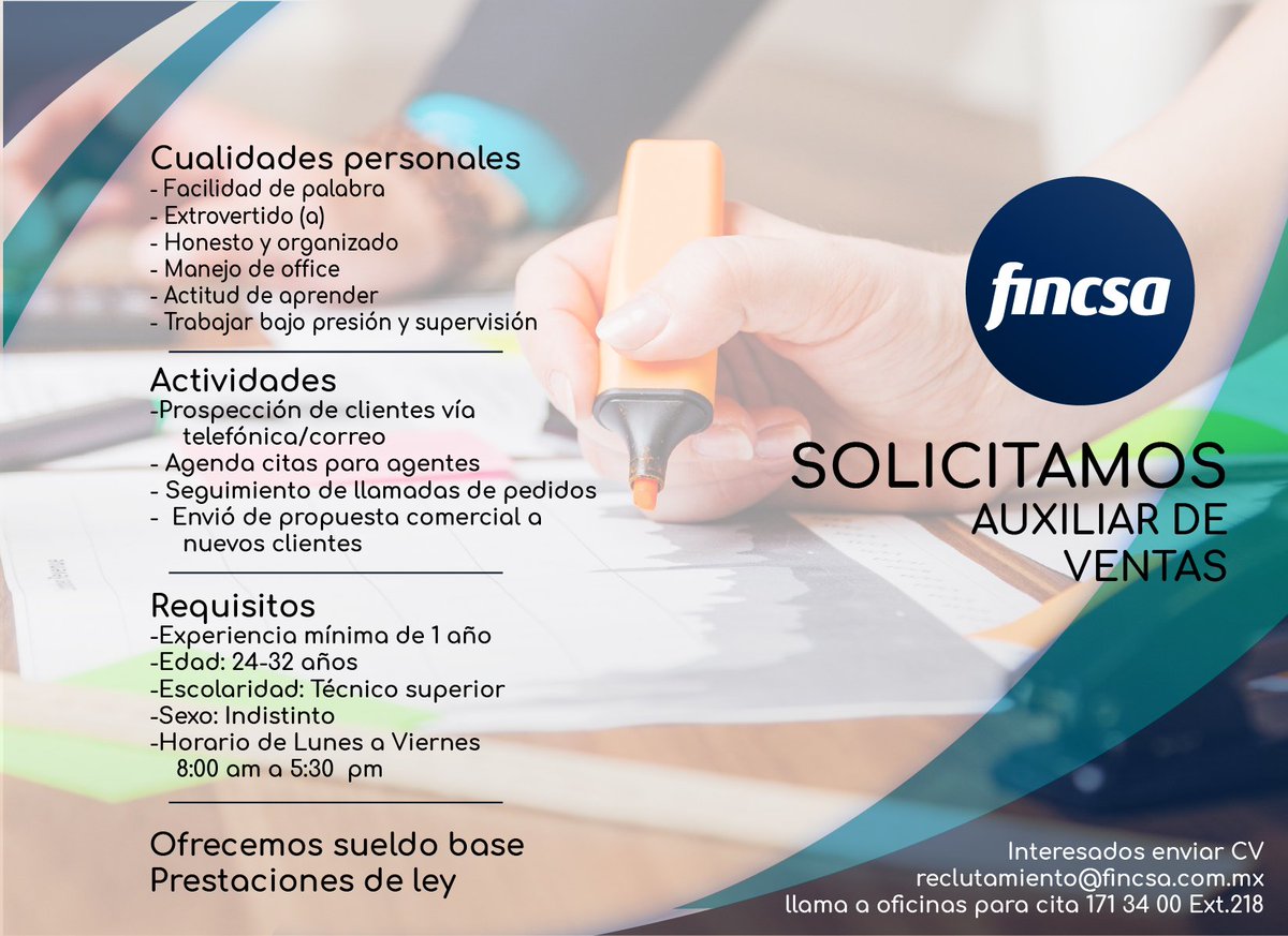 #BolsaDeTrabajo Te invitamos a formar parte de la familia FINCSA para mayor información escribe al correo reclutamiento@fincsa.com.mx