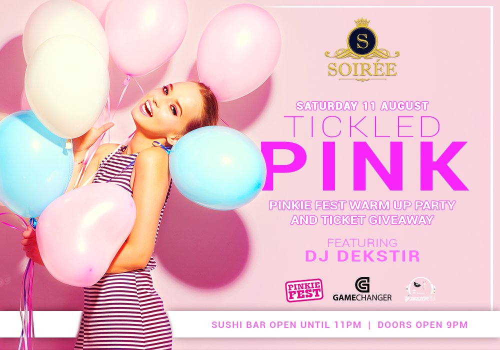 SOIRÉE presents TICKLED PINK - the HOTTEST <a href="/PinkieFest/">Pinkie Fest</a> warm up party &amp; TICKET GIVEAWAY!

Join us with @DjDekStir &amp; @gamechangerevents on Saturday 11 August for an EPIC PARTY @ Joburg's HOTTEST weekend spot!

Doors open 9pm!

Don't miss out, email info@soiree.co.za to book now!