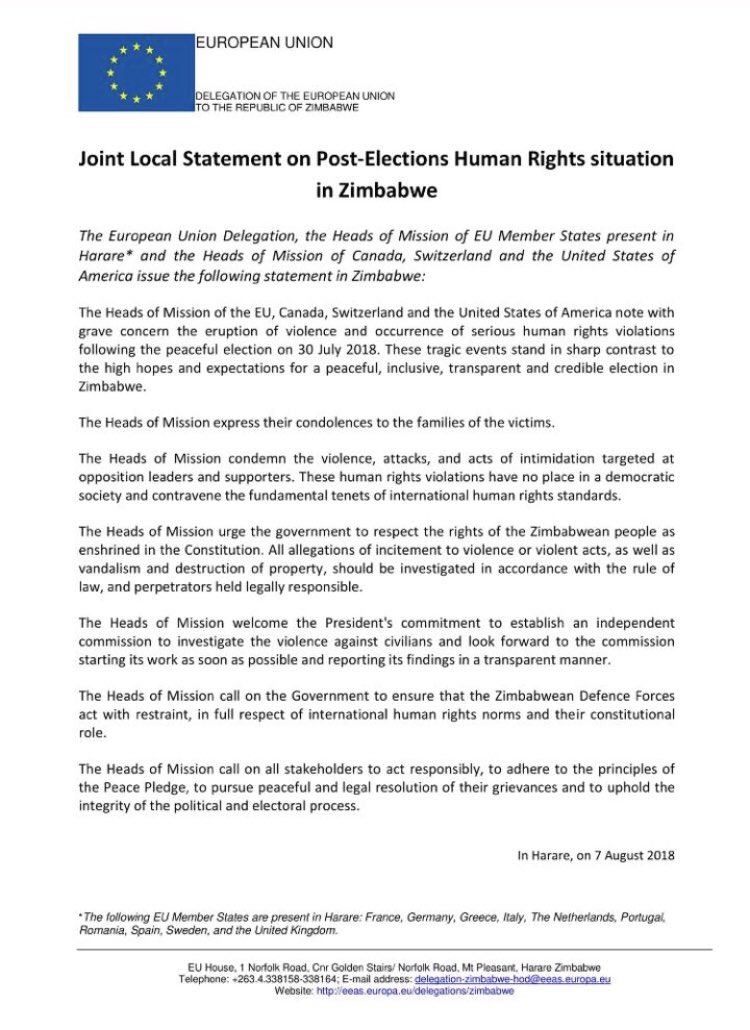 #ZimElections2018 strong statement from internationals and observers against human rights abuses in Zimbabwe. Joint statement clearly identifies opposition supporters as targets, while Oz statement speaks of “excessive use of force by security forces”