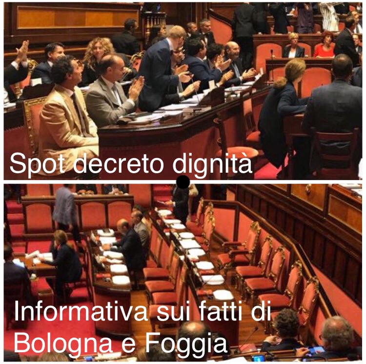 Prima tutto il governo a fare la ola al #ministrodelladisoccupazione #DiMaio poi un minuto dopo, i banchi vuoti del governo quando il ministro #Toninelli informa sugli incidenti di #Foggia e di #Bologna.