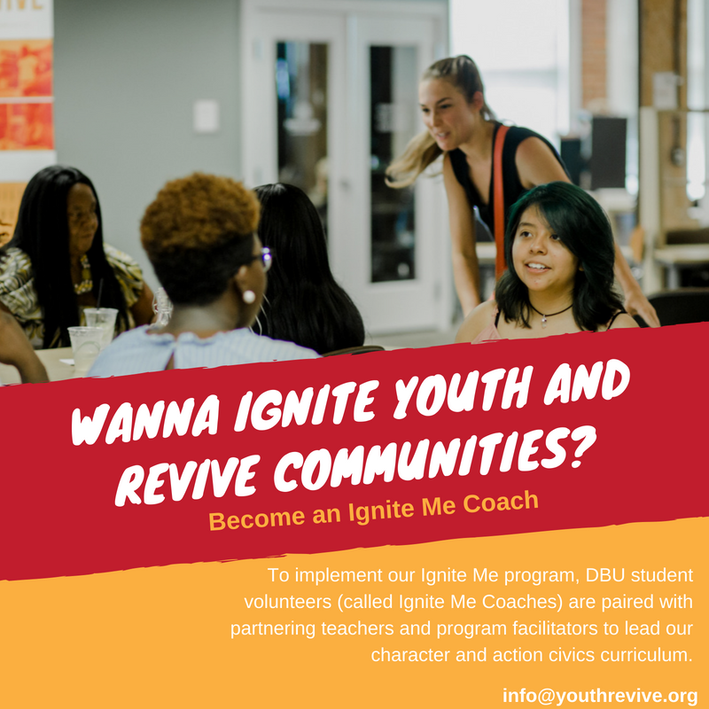 DBUServiceLearn's tweet photo. Youth Revive, Inc. is looking for Ignite Me Coaches to serve with their partnering high schools in South Dallas. For more information, contact Adrian McConnell at (214) 414-9449 or info@youthrevive.org. https://t.co/xtJHgrMfzH