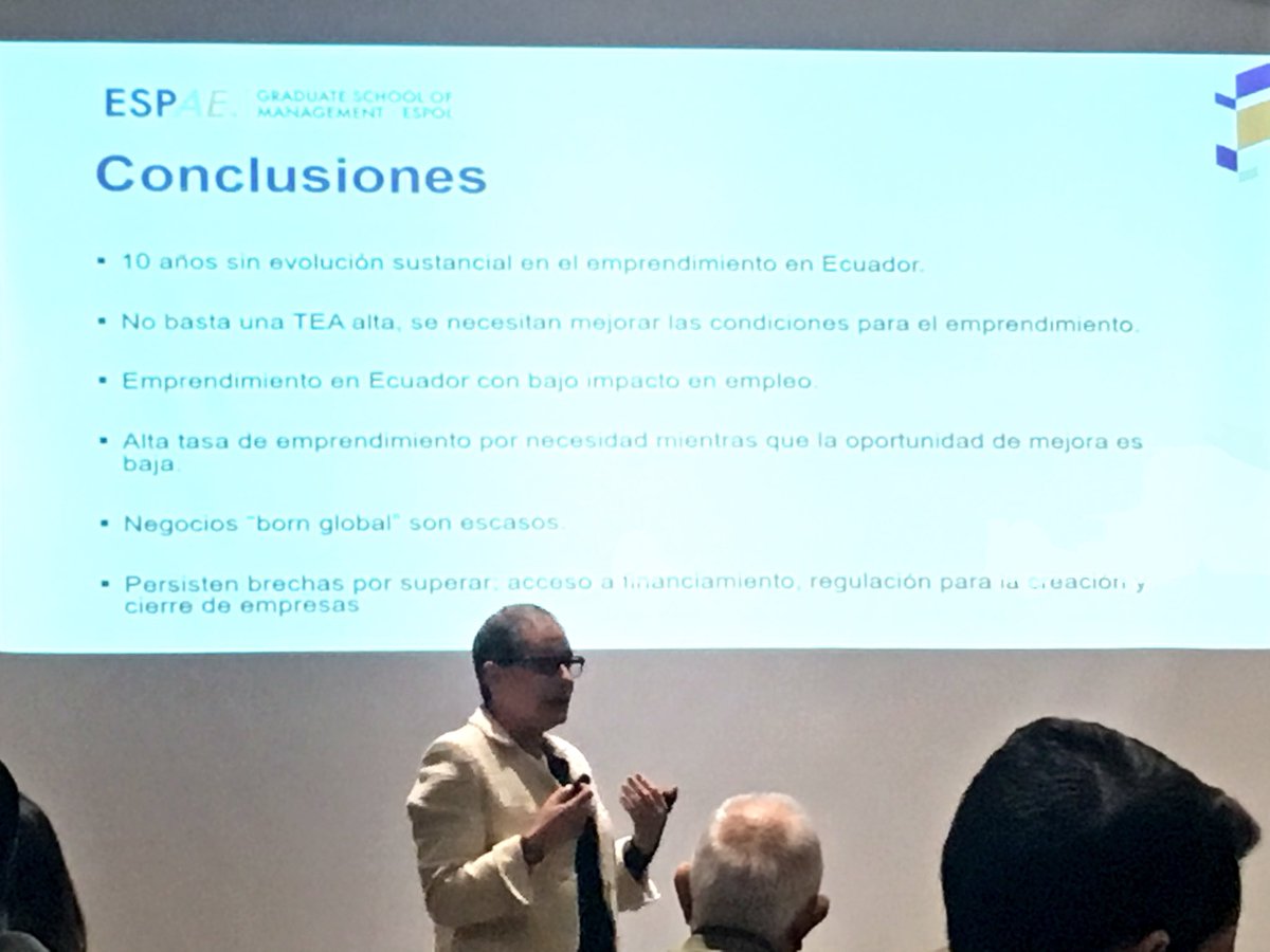 aeiecuador's tweet photo. #Gye Aquí los Principales resultados del #GEM2017. TEA 2017: 29,62 % 1/3 ecuatorianos tiene un negocio menor a 42 meses, la más alta de la región; la tasa de emprendimiento por necesidad (36,7), la más alta de la región; Existen más mujeres emprendedoras. Presentado por @vlasio https://t.co/8658GyHCxK