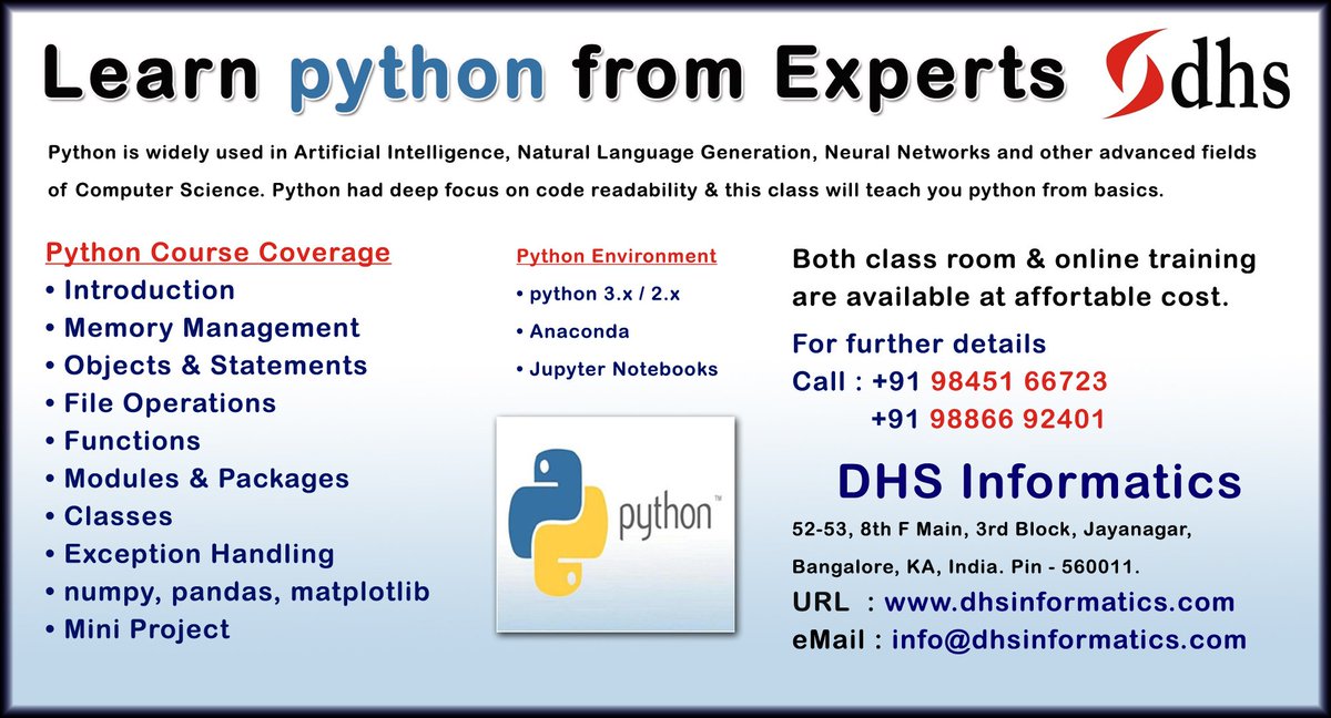 InformaticsDhs's tweet image. Learn python from Experts. Both class room & online training are available at affordable cost. For more details visit lnkd.in/f7AR8kF. Call: 9845166723 / 9886692401 eMail: info@dhsinformatics.com  #pythontraininginbangalore  #pyhtononlinetraining  #dhspythontraining