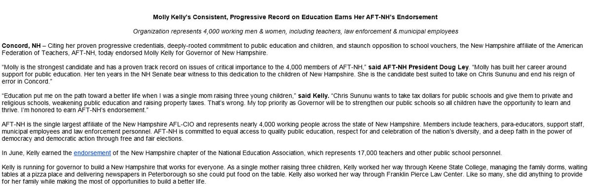 steinhauserNH1's tweet photo. New Today: With 5 weeks to go until the Sept. 11 primary, Democratic #nhgov candidate @NHMollyKelly lands a big endorsement - @AFTNewHampshire #nhpolitics #Election2018 https://t.co/PZHSERqHpy