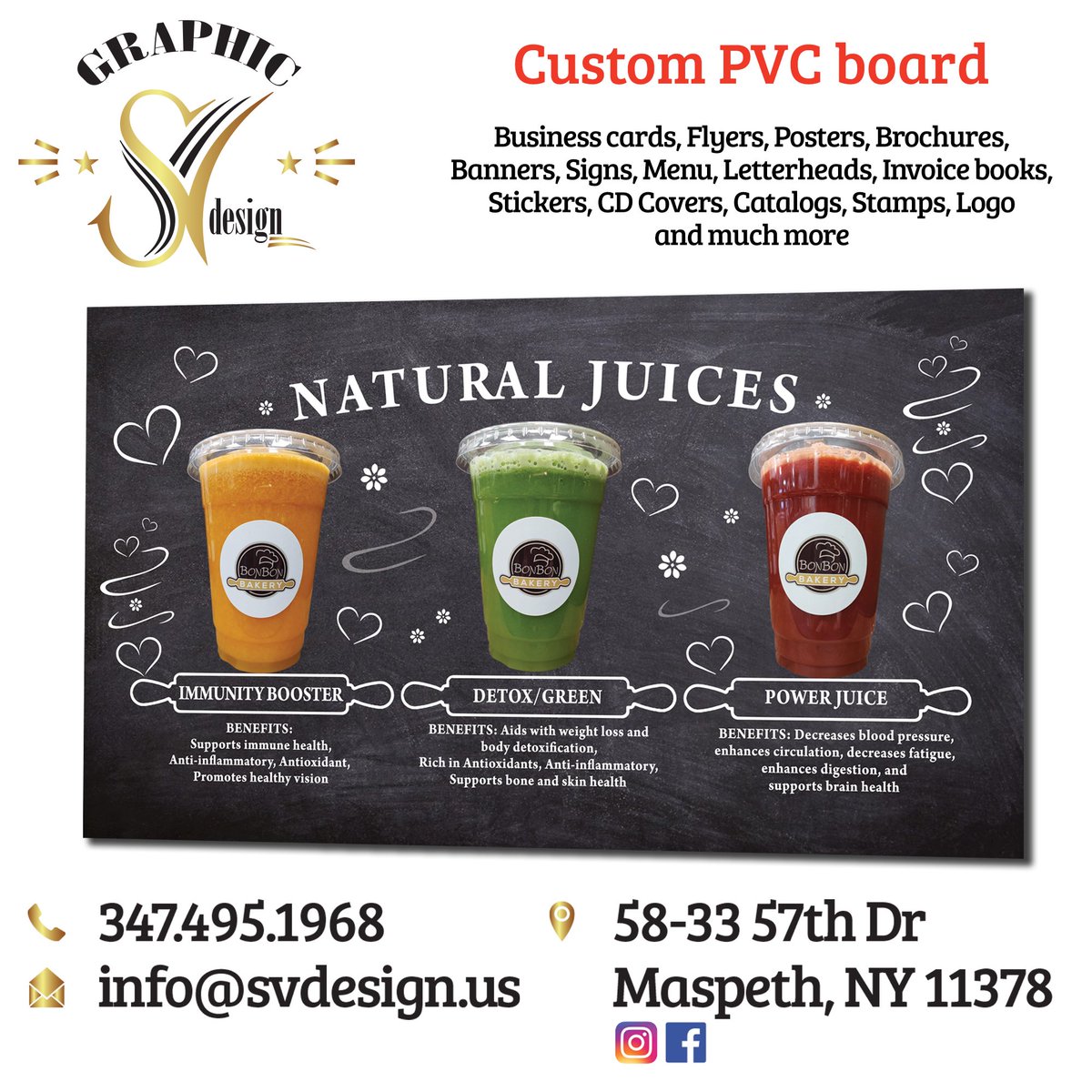SVDesignMSL's tweet image. SV Design

Business cards, Flyers, Posters, Brochures, Banners, Signs, Menu, Websites, Letterheads, Invoice books, Stickers, Catalogs, Stamps, Logo and much more.

Contact us
58-33 57th Dr, Maspeth, NY 11378
Call: (347) 495-1968
Text: (385) 262-4998
Email: info@svdesign.us