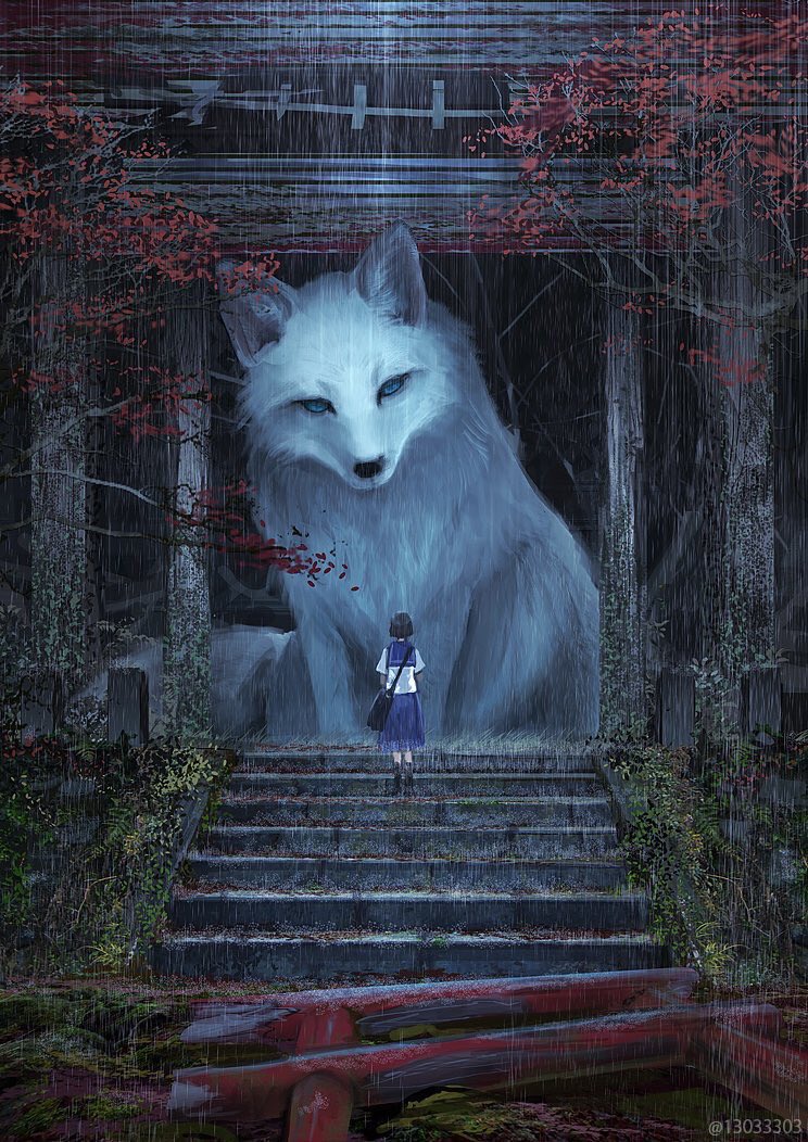 1girl torii oversized animal rain wolf stairs school uniform  illustration images