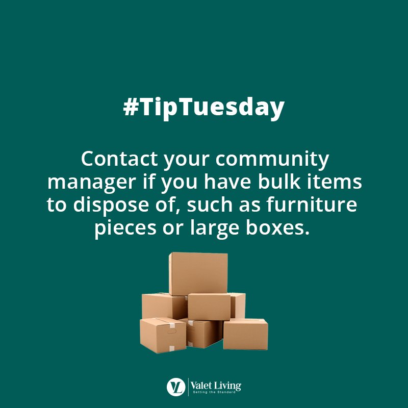 ValetLiving's tweet photo. Don't know what to do with those over-sized boxes in your living room? Contact your community manager for more information on how to correctly dispose of them! Better safe than sorry. 😉 💭 📦  #TipTuesday #BulkItems #Boxes https://t.co/eRgMP7TbJU