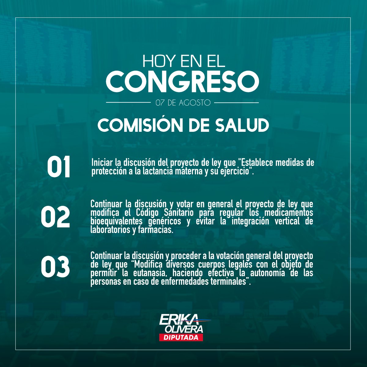 erikaoliverad's tweet photo. ¡Comenzando una nueva semana de legislatura en Valparaíso! Les comparto lo que tenemos en tabla para hoy en la Cámara, como también en las dos comisiones en la que formo parte. ¡Excelente día para todos! https://t.co/f6f06fDzTl