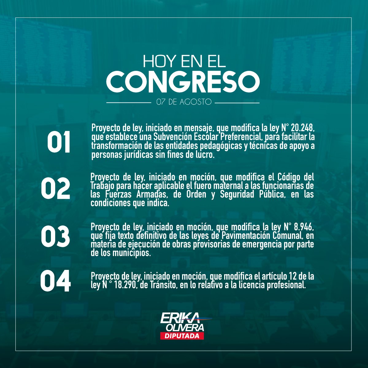 erikaoliverad's tweet photo. ¡Comenzando una nueva semana de legislatura en Valparaíso! Les comparto lo que tenemos en tabla para hoy en la Cámara, como también en las dos comisiones en la que formo parte. ¡Excelente día para todos! https://t.co/f6f06fDzTl