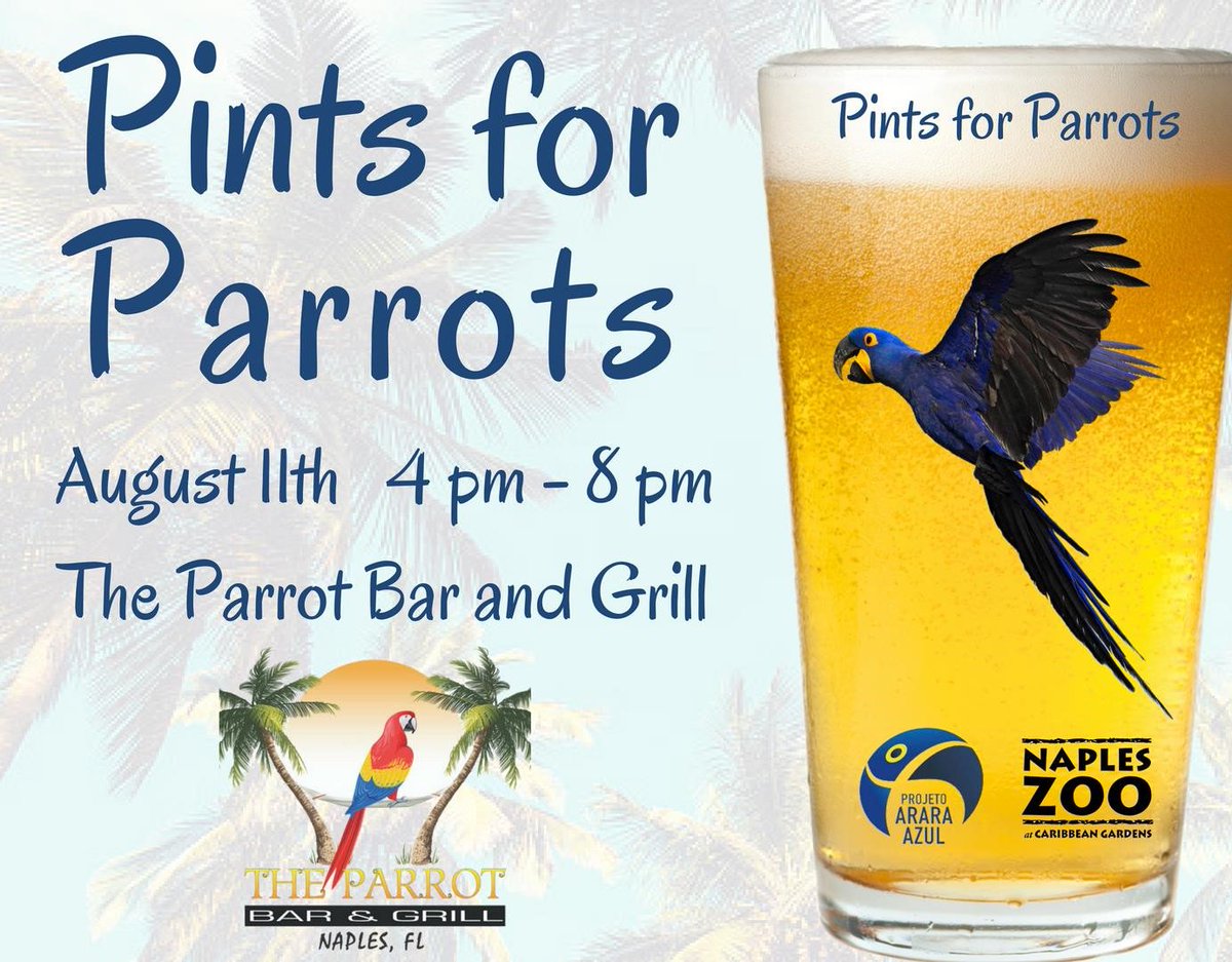 NaplesZoo's tweet photo. Enjoy a few Pints for Parrots this Saturday, August 11! Join Naples Zoo at The Parrot Bar and Grill where $1 from every pint sold will be donated to the Hyacinth Macaw Project to save these birds in South America! Event details: https://t.co/oIYvj4ERea #napleszoo #pintsforparrots https://t.co/9ReDubG1WQ