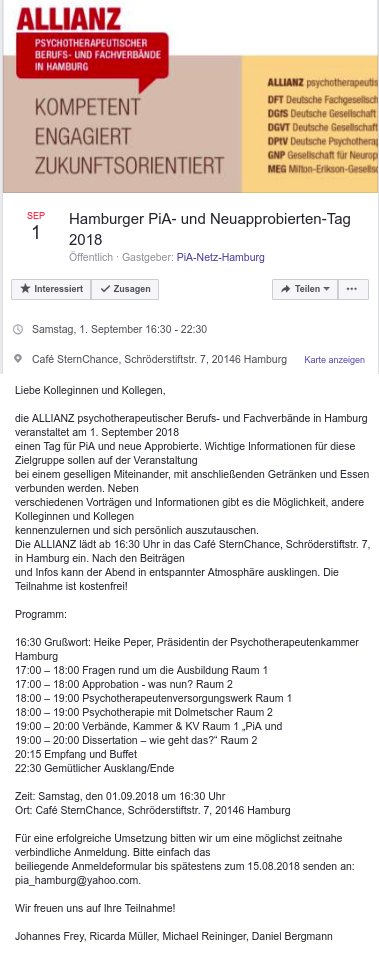 PiA-Bündnis (@piabnds) on Twitter photo #PiATermin #Hamburg: Das #PiANetz läd am Samstag 1.9. zu einem #PiA und #Psychotherapeuten-Tag ein von 16:30 bis ca. 22:30Uhr im Café SternChance, Schröderstiftstr. 7. <a href="/WSchinnenburg/">Wieland Schinnenburg</a> #PiATermin #Hamburg: Das #PiANetz läd am Samstag 1.9. zu einem #PiA und #Psychotherapeuten-Tag ein von 16:30 bis ca. 22:30Uhr im Café SternChance, Schröderstiftstr. 7. <a href="/WSchinnenburg/">Wieland Schinnenburg</a>