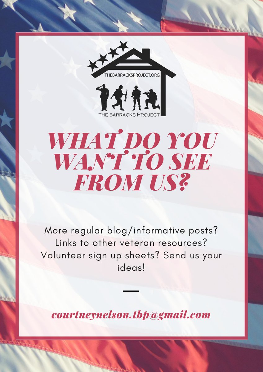 📢 Calling all supporters and veterans! 📢 

We want to hear from YOU!! 
Email me, Courtney, at the email address listed below with what you’d like more of! 

🇺🇸🇺🇸🇺🇸🇺🇸🇺🇸

#tbp #growingasacommunity #supportingthelivesthatfoughtforours #veteranresources #veteranoutreach
