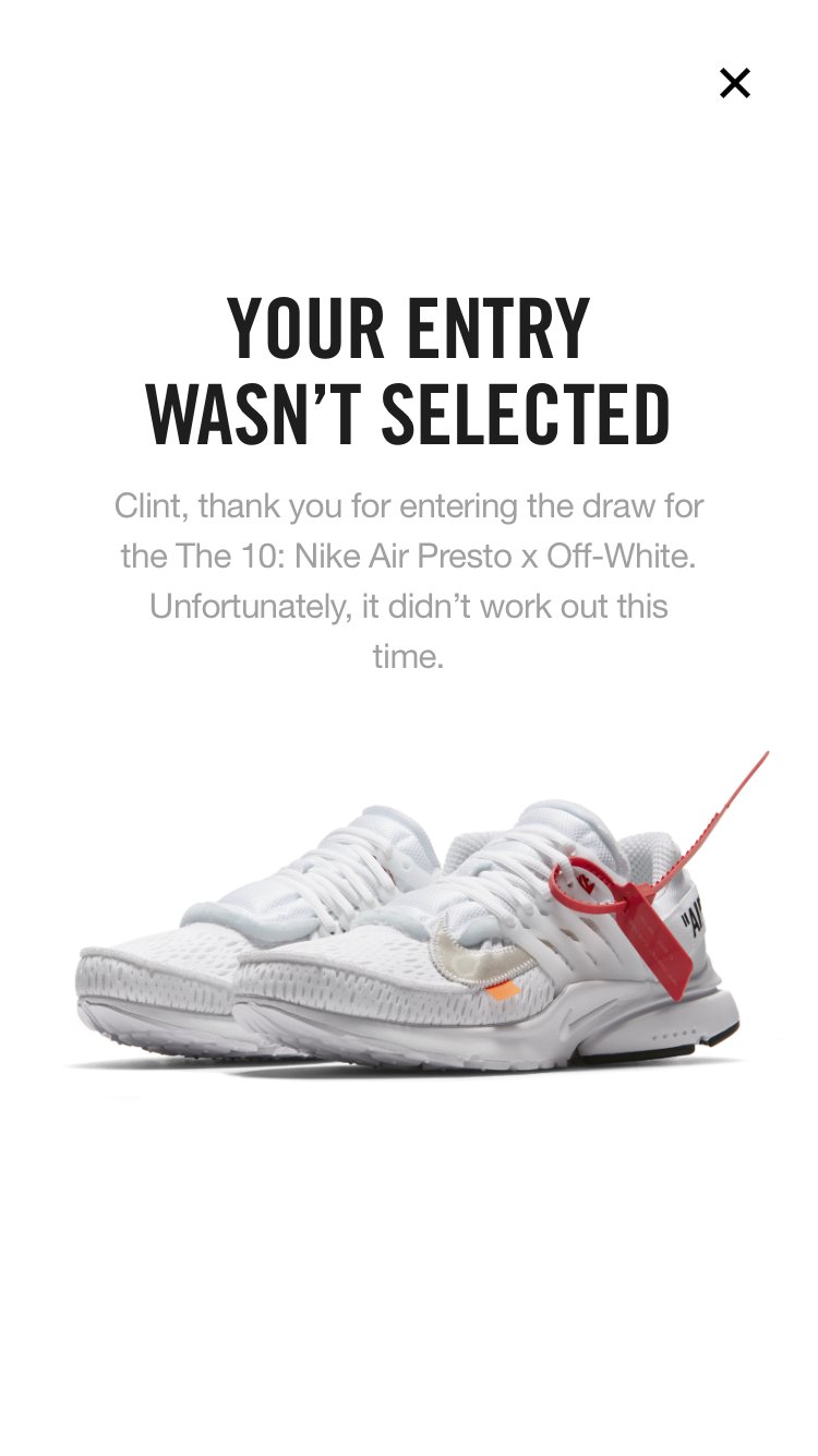 Franchise Kicks 💰Your Favorite Reseller💰 on Twitter: "Of course all 3 of my @nikestore SNKRS that my family use all took the this morning for the Off-White Prestos.