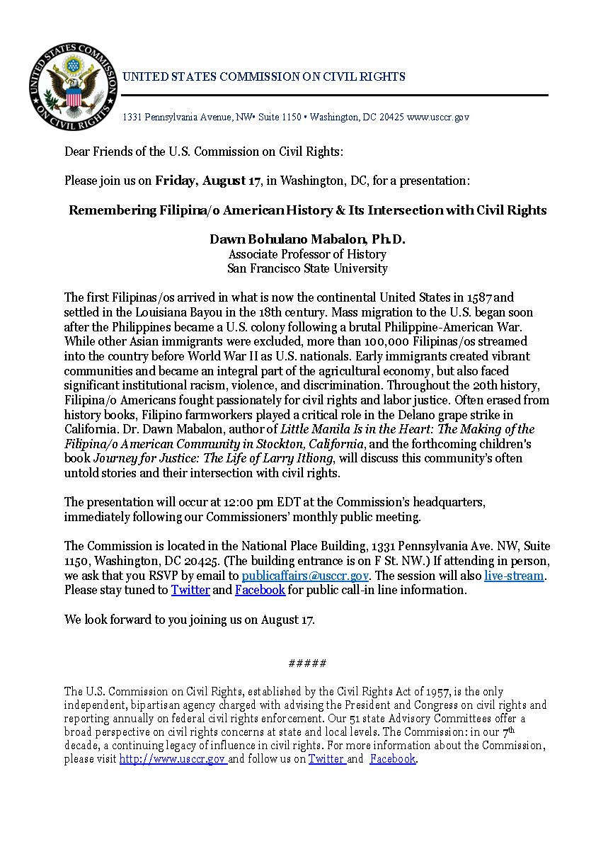Join us on Friday, Aug 17, in DC: Presentation by Professor &amp; author <a href="/drdawnbm/">Dr. Dawn Mabalon</a> of <a href="/SFSU/">SF State</a> on #Filipino #Filipina American history &amp; #CivilRights. Open to public, &amp; also live-streaming. See details: goo.gl/fcZBgT #FilAm #AAPI
