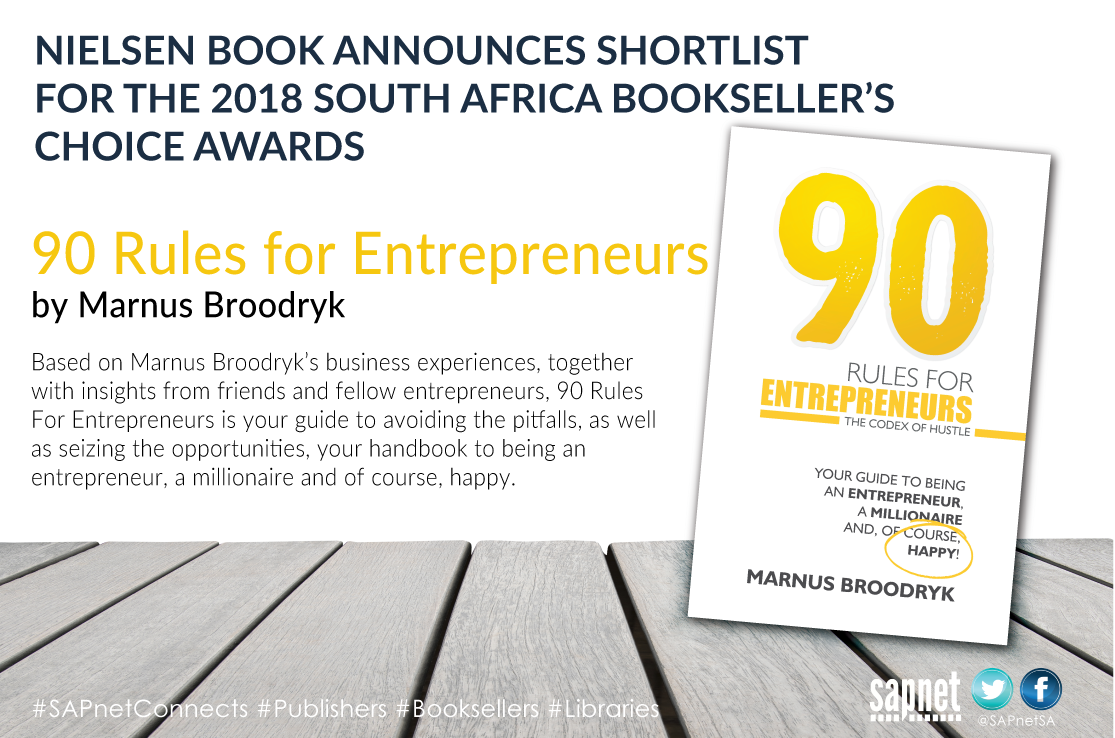 SAPnetSA's tweet photo. The Shortlist for the SA Bookseller's Choice award was released this week - let us look into these titles!

Today's featured title: 90 Rules for Entrepreneurs 

(click this link to page through the biblets: https://t.co/m8MECP1Dot) 
#books #sabooksellerschoiceaward2018 https://t.co/oIZCBzVFVl